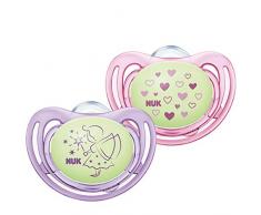 NUK Freestyle Night Lot de 2 tétines avec effet lumineux en silicone pour bébé 0-6 mois Violet et rose