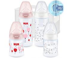 NUK First Choice+ Starter Set biberon et casier de rangement, 0-6 mois, tétines en silicone, contrôle de la température, sans BPA, rose [fille], 5 unités