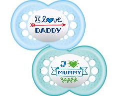 MAM Tétines avec message « I Love Mummy » et « I love Daddy » avec étui de voyage stérilisable (6 mois et plus, rouge/rose)
