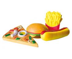 Set de Squishies (salé) Fast Food, (accessoires marchande, cuisine), en matière semblable au caoutchouc, qui comprend :pizza, hot dog, pommes frites et burger