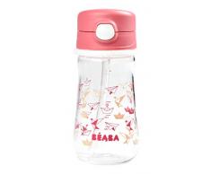 BÉABA, Tasse paille pour enfants, Paille silicone anti-éclaboussure, 100% étanche, Valve régulatrice de débit, Bouton pression facile à ouvrir, Dès 8 mois, 350ml, Rose