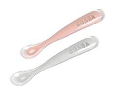 BÉABA Lot de 2 cuillères silicone bébé/enfant 1er âge avec boite de transport, Old Pink