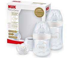 NUK Nature Sense set de biberons | 0-18 mois | 2 biberons anti-coliques et 1 tétine Genius | Sans BPA | blanc (cœur) | 3 unités