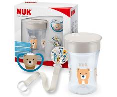 NUK Magic Cup & Space set comprenant une tasse antifuite Magic Cup (230 ml) à rebord antifuite 360°, une sucette Space et un attache-sucette, à partir de 6 mois, ours