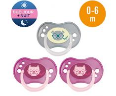 Tigex sucettes réversibles jour et nuit, de 0 à 6 mois, silicone, sans BPA, rose et gris [Filles], lot de 3
