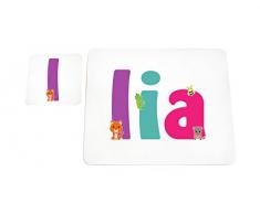 Little Helper LHV-LIA-COASTERANDPLACEMAT-15IT Dessous de verre et sets de table avec finition brillante, personnalisés pour filles avec nom Lia, multicolore, 21 x 30 x 2 cm