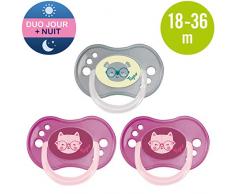 Tigex sucettes réversibles jour et nuit, de 18 à 36 mois, silicone, sans BPA, rose et gris [Filles], lot de 3