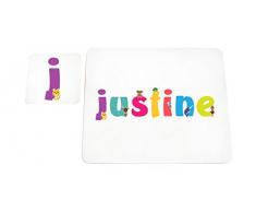 Little Helper Napperon avec Coaster Style Illustratif Coloré avec le Nom de Jeune Fille Justine