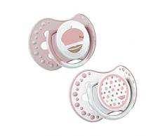 LOVI 2x Sucette en silicone pour bébé de 6 à 18 mois | Lot de 2 | Hygiène de la couverture | Effet apaisant | Protège le réflexe de succion | Collection Retro Baby | Rose
