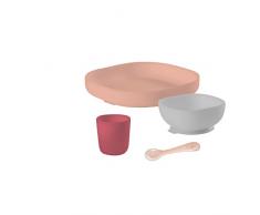 BÉABA, Set Vaisselle Silicone, Assiette et Bol Ventouse + cuillère - Pour Bébé et Enfants, 4 Pièces, Rose