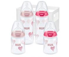 NUK Kit de 4 Biberons First Choice+, 2x 150ml et 2x 300ml, Silicone, 0-6 Mois, anti colique, Sans BPA, Rose (fille)
