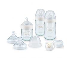NUK Nature Sense Starter de biberons en verre | 0-6 mois | 3 biberons anti-coliques, tétines et sucette Genius | anti-colique | blanc (cœur) | 6 unités