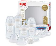 NUK Nature Sense Coffret Naissance de biberons | 0-18 mois | 4 biberons anti-coliques, une sucette, un goupillon à biberon plus d’autres accessoires | anti-colique | blanc (cœur) | 9 unités