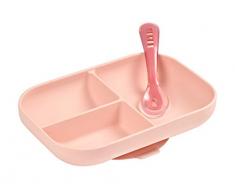 Béaba Set Repas Assiette Compartimentée Silicone Ventouse et Cuillère Silicone, Rose