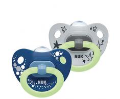 NUK Happy Nights Lot de 2 tétines en silicone avec effet lumineux 0-6 mois Bleu