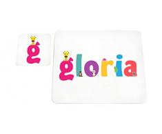 Little Helper LHV-GLORIA-COASTERANDPLACEMAT-15IT Dessous de verre et sets de table avec finition brillante, personnalisés pour filles Nom Gloria, multicolore, 21 x 30 x 2 cm