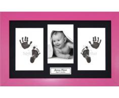 Anika-Baby BabyRice Kit empreintes de pieds et mains pour bébé fille avec impression noire sans encre/cadre rose avec support noir
