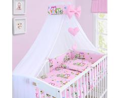 Parure de lit de luxe 10 pièces pour bébé avec oreiller, housse de couette, tour de lit pour lit de 120 x 60 cm 100% coton Motif hiboux Rose