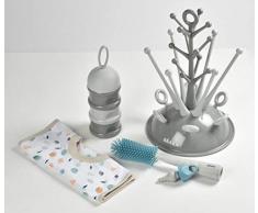 BÉABA, Coffret Naissance Bébé, Egoutte Biberon Arbre Grande Capacité-Gris, Boite Doseuse de Lait Empilable-Gris, Goupillon Biberon Silicone, Bavoir Bébé 100% Coton, Motif Tropical