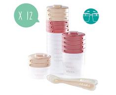 BÉABA, Lot de 12 Portions Conservation et 2 Cuillères Silicone, Clip, Pots empilables et clipsables, 100% hermétique, Graduation, Congélation, 2x60 ml & 4x120 ml & 6x200ml, Rose