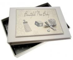 White Cotton Cards Album de photo bébé Motif hochet argenté Taille S