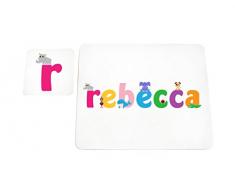 Little Helper LHV-REBECCA-COASTERANDPLACEMAT-15IT Dessous de verre et sets de table avec finition brillante, personnalisés pour filles Nom Rebecca, multicolore, 21 x 30 x 2 cm