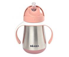 BÉABA, Biberon/Tasse dapprentissage 2 en 1 Inox, Tasse Paille Enfant, 100% étanche, Anti-fuite, Facile à Ouvrir, Poignées amovibles, Matière Inox, Sain, Solide, 250 ml, Old Pink