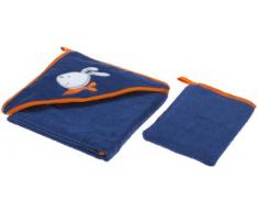 Liegelind 39140012021 Serviette de bain à capuche et gant de toilette en éponge Motif brodé, Bleu 80 x 80 cm