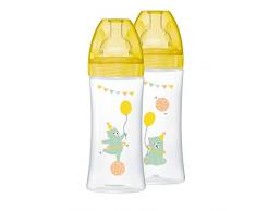 Dodie - Lot de 2 Biberons Anti-Colique Sensation+, Cirque, 330 ml, 6 mois, Tétine Plate, Débit 3 Jaune