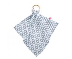 Doudou 2 couches en coton (certifié Öko-Tex Standard 100) avec anneau de dentition en bois, bois de teck naturel – Bleu classics