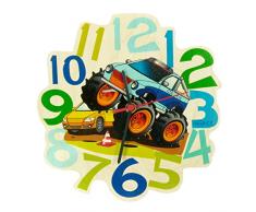 Hess Jouet en bois 30007 Horloge murale en bois avec mouvement à quartz, Monster Truck Multicolore Env. 24 cm