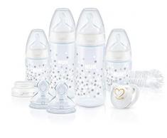 NUK First Choice+ Perfect Start ensemble biberon et sucette Genius, 0-18 mois, tétines en silicone, contrôle de la température, sans BPA, transparent [garçon/fille], 10 unités
