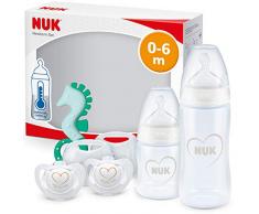 NUK First Choice+ set de biberons nouveau-né | 0-6 mois | 2 biberons, 2 tétines et un anneau de dentition | anti-colique | Sans BPA | blanc (cœur) | 5 unités