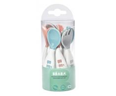 BÉABA, Set Premiers Couverts ergonomiques, Lot de 6 Cuillères & 4 Fourchettes, Forme arrondie, Gris/Bleu/Rose