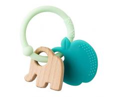 Nattou Anneau de Dentition en Silicone et Bois, Pomme et Éléphant, Sans BPA, 8 x 10 x 14 cm, Vert menthe