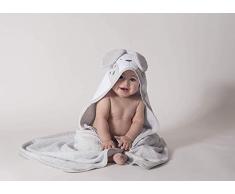 Ti TIN, Cape de Bain pour Bébé, 100x100 cm | Serviette de Bain Douce, Confortable, Absorbante - 90% Coton 10% Polyester - Tissu Éponge - Motif Lapin - Couleur Gris et Blanc - 340g/m²
