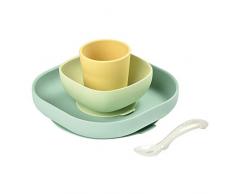 BÉABA, Set Vaisselle Silicone, Assiette et Bol Ventouse + cuillère - Pour Bébé et Enfants, 4 Pièces, Jaune