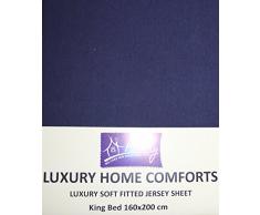 Famille Parure de lit en coton jersey Drap-housse, lit King size, 160 cm x 200 cm, Bleu marine