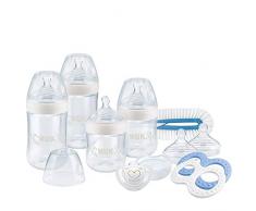 NUK Kit Biberons Nature Sense (150ml x2 et 260ml x2) avec Sucette Genius, Goupillon, Tétines et anneau de dentition, Bleu