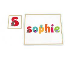 Feel Good Art Set de table et dessous-de-verre brillant pour les bébés et les tout-petits, illustration mignonne et personnalisée avec nom de fille (Sophie)