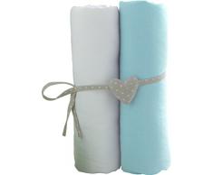 Babycalin Lot de 2 Draps Housse Blanc/Turquoise 70 x 140 cm