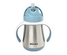BÉABA, Biberon/Tasse dapprentissage 2 en 1 Inox, Tasse Paille Enfant, 100% étanche, Anti-fuite, Facile à Ouvrir, Poignées amovibles, Matière Inox, Sain, Solide, 250 ml, Windy Blue