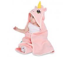 corimori 1846 Serviette de Bain pour Bébé Et Nouveau Né, Licorne Rose Kawaii, Emmaillotage Duveteux à Capuche 75*75Cm