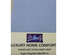 Famille Parure de lit en coton jersey Drap-housse pour lit Super King size, 180 cm x 200 cm, Bleu