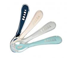 BÉABA, Lot de 4 Cuillères en Silicone pour Bébé et Enfant, 2ème Âge, à partir de 12 mois, Souple, Bout arrondi, Manche Ergonomique, Night Blue/Rose/Light Mist/Airy Green