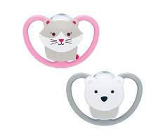NUK Space Tétine Bébé | 6-18 Mois | Sucette avec Aérations Extra-Larges | Sans BPA | Chat et Ours | Lot de 2
