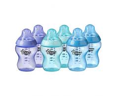 Tommee Tippee Biberons Closer To Nature, 260ml, Valve Anti-Colique, Tétine Souple, Lot de 6, Bleus Multicolores