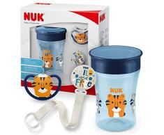 NUK Magic Cup & Space set comprenant une tasse antifuite Magic Cup (230 ml) à rebord antifuite 360°, une sucette Space et un attache-sucette, à partir de 6 mois, lion