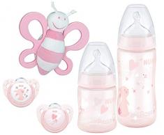 NUK Coffret de Naissance First Choice+ avec 2 Biberons, 2 Sucettes et 1 hochet peluche, 0-6 Mois, anti colique, Sans BPA, Rose (Fille)