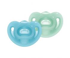 NUK sucette bébé Sensitive, 0-6 mois, 100 % silicone, bleue et verte, lot de 2